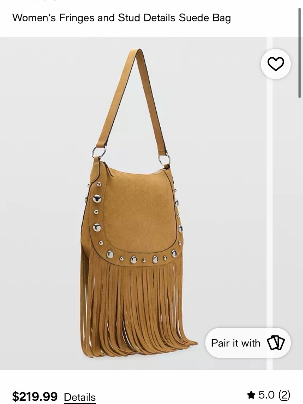 Mango Fringe Suede Shoulder Bag with Stud Accents - Tan